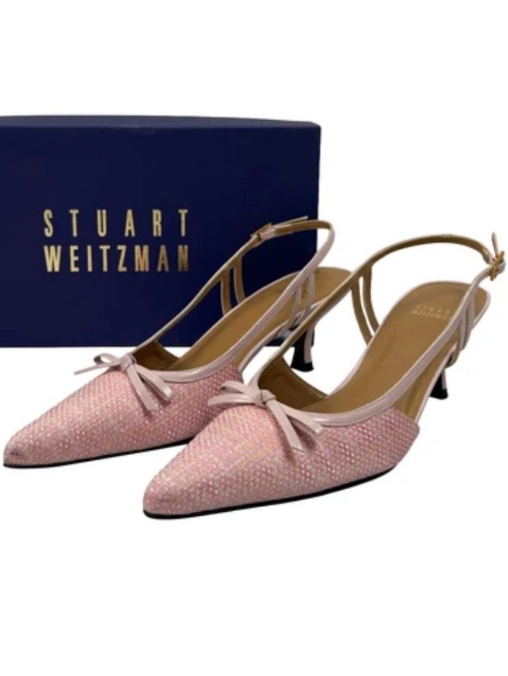 Stuart Weitzman Pink Tweed Sandals 2" Kitten Heels Pointed Toes Sling Back